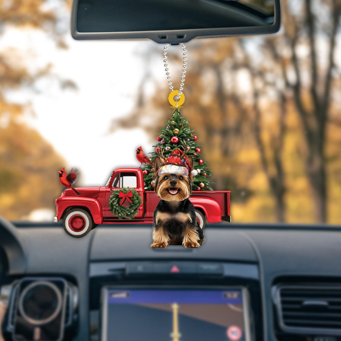 Yorkshire Terrier Dog Red Truck Christmas Ornament, Cute Dog and Red Truck Christmas Ornament Gift