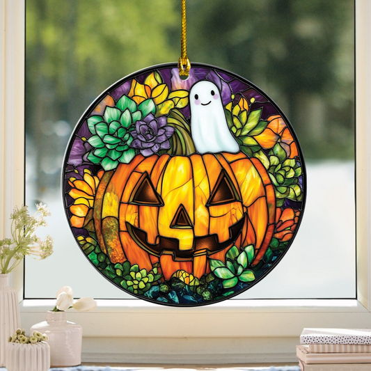 Pumpkin with Succulents Halloween Suncatcher, Cute Ghost Window Hanging Decor