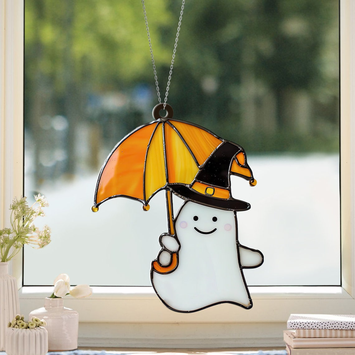 Ghost Umbrella Halloween Window Suncatcher Ornament, Halloween Ghost Ornament