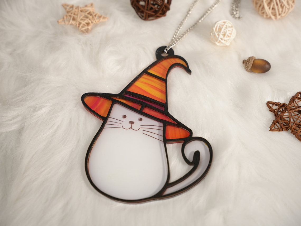 Cute Ghost Cat Halloween Suncatcher, Cute Ghost Cat Window Hanging Decor