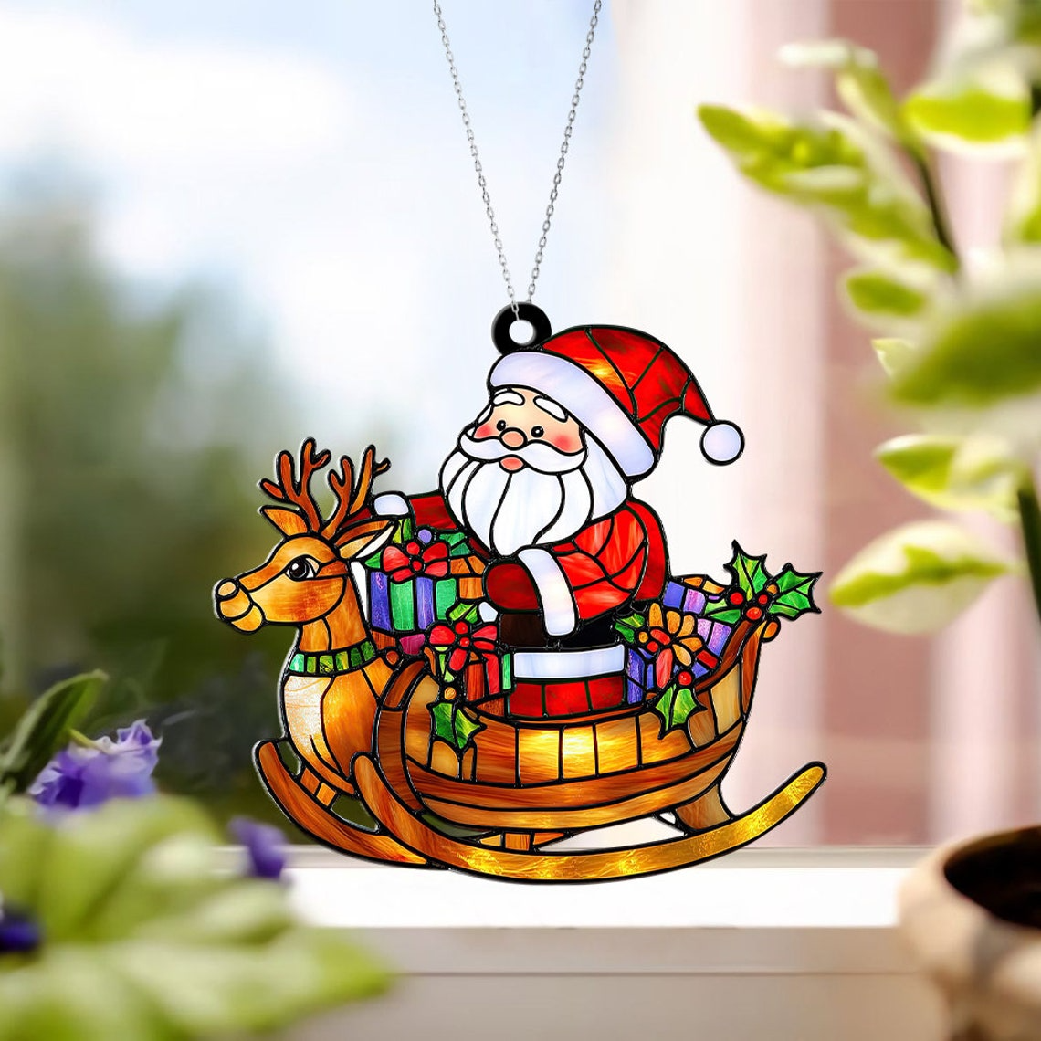 Santa Funny Hanging Christmas Suncatcher, Santa Claus Window Suncatcher