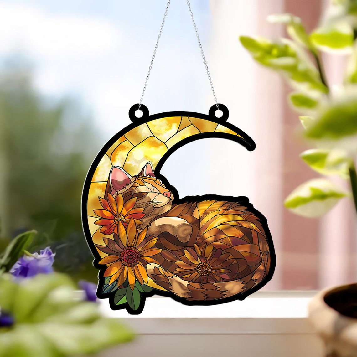 Cat Angel and Flower Memorial Hanging Suncatcher, Pet Memorial Suncatcher Ornament Decor Home