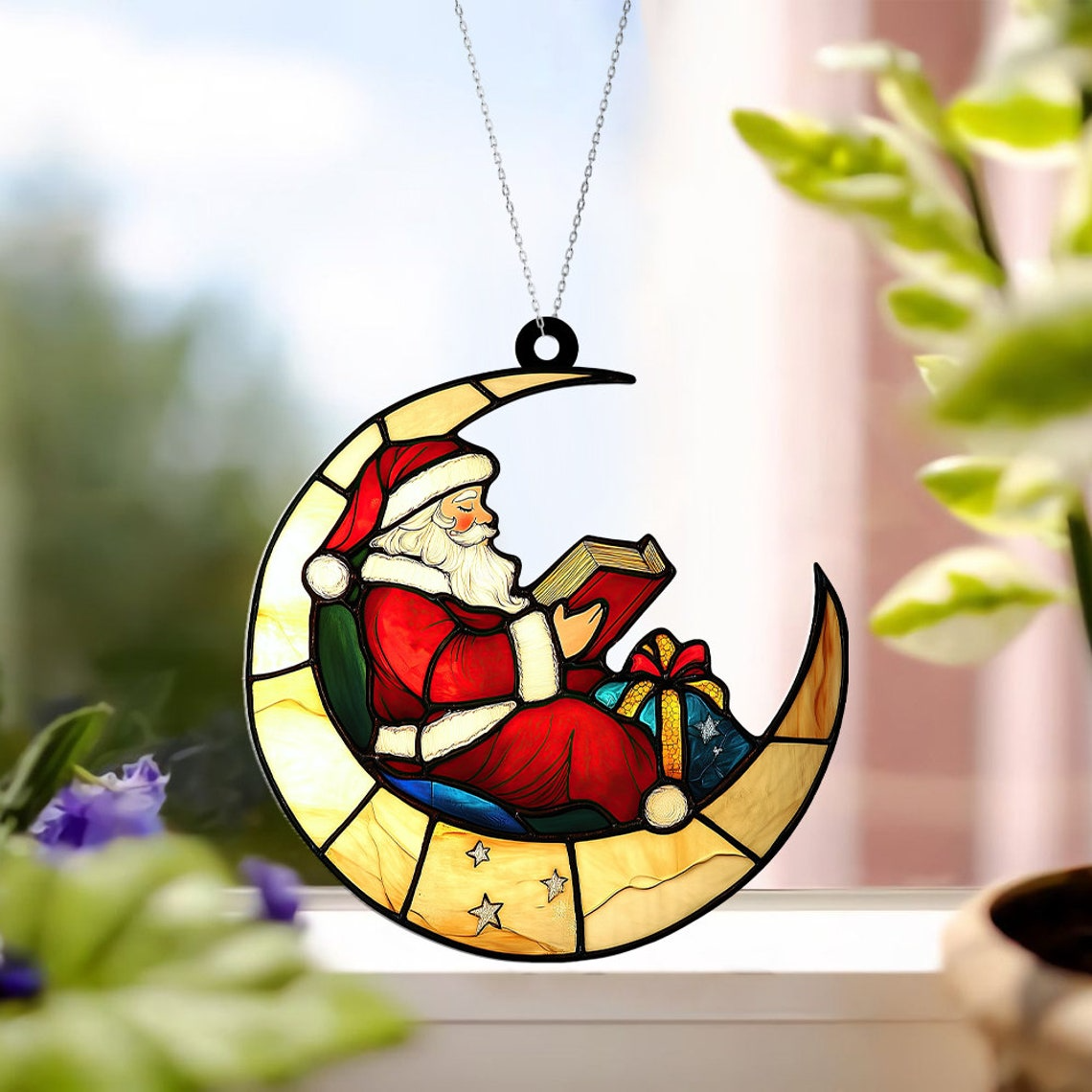 Santa Reading Books On The Moon Suncatcher, Santa Claus Read Book Christmas Ornament