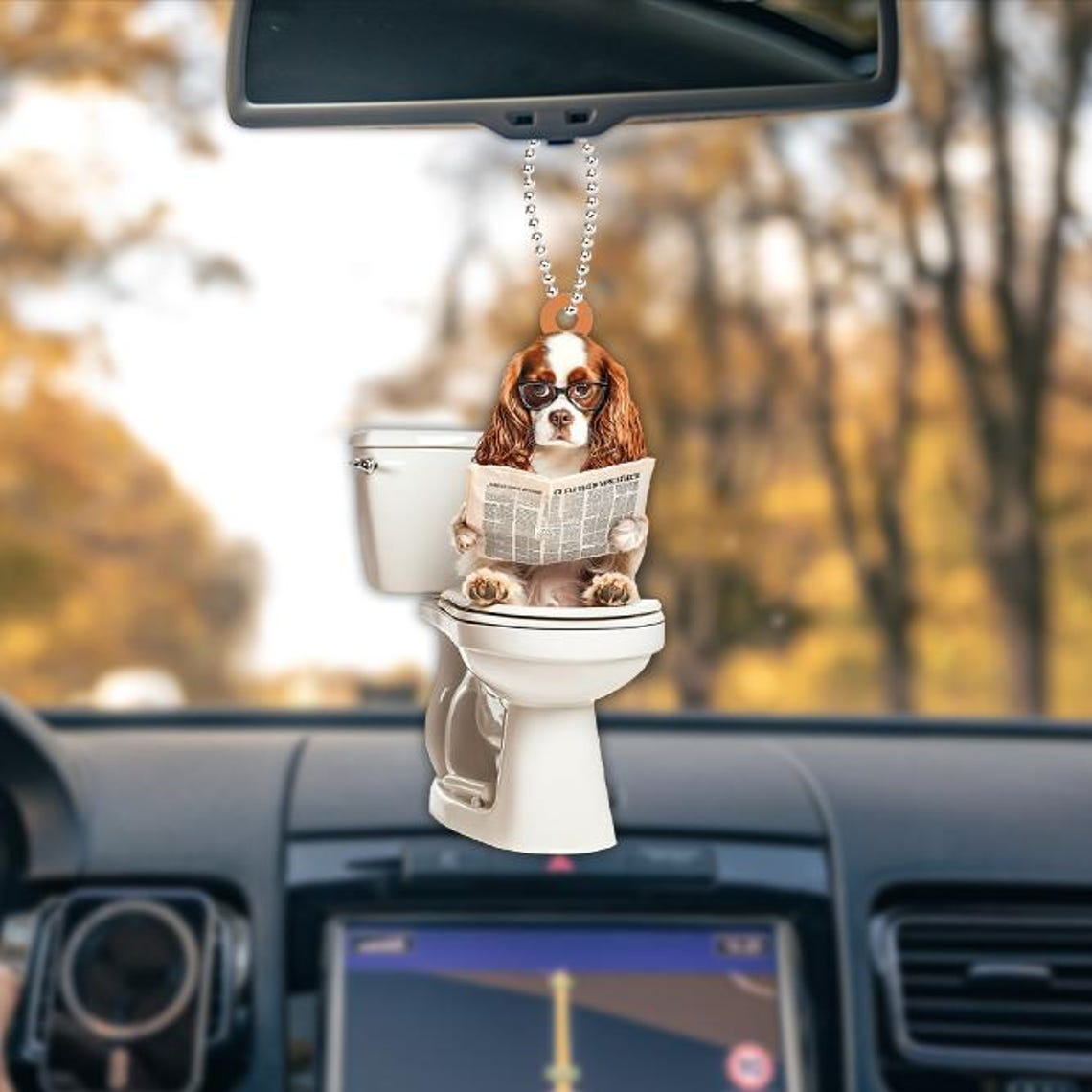 Cavalier King Charles Spaniel Dog Sitting On Toilet Ornament, Cute Dog Reading Newspaper Christmas Ornament