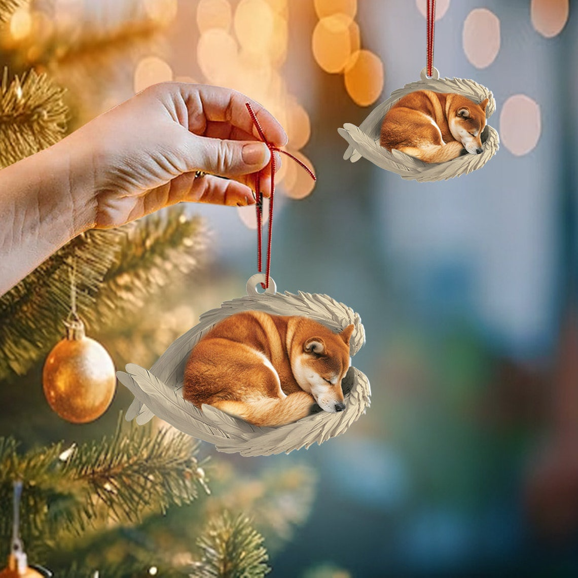 Christmas Shiba Inu Dog Sleeping Angel Wings Ornament, Shiba Inu Dog Christmas Ornament Gift