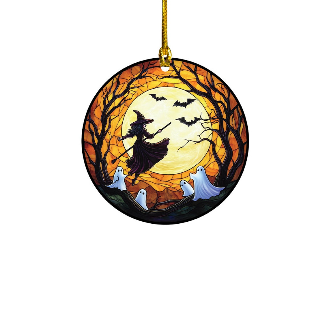 Witch Riding Broomstick Suncatcher Ornament, Halloween Witch Riding Broomstick Home Decor