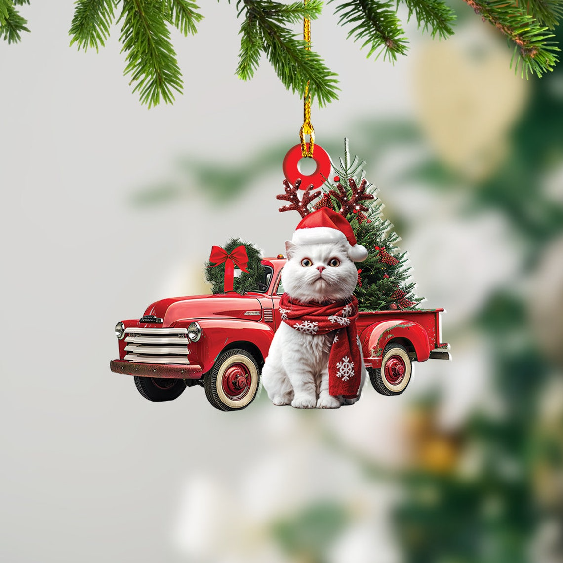 Selkirk Rex Cat and Red Truck Christmas Ornament, Christmas Cat Car Hanging Ornament Decor Gift