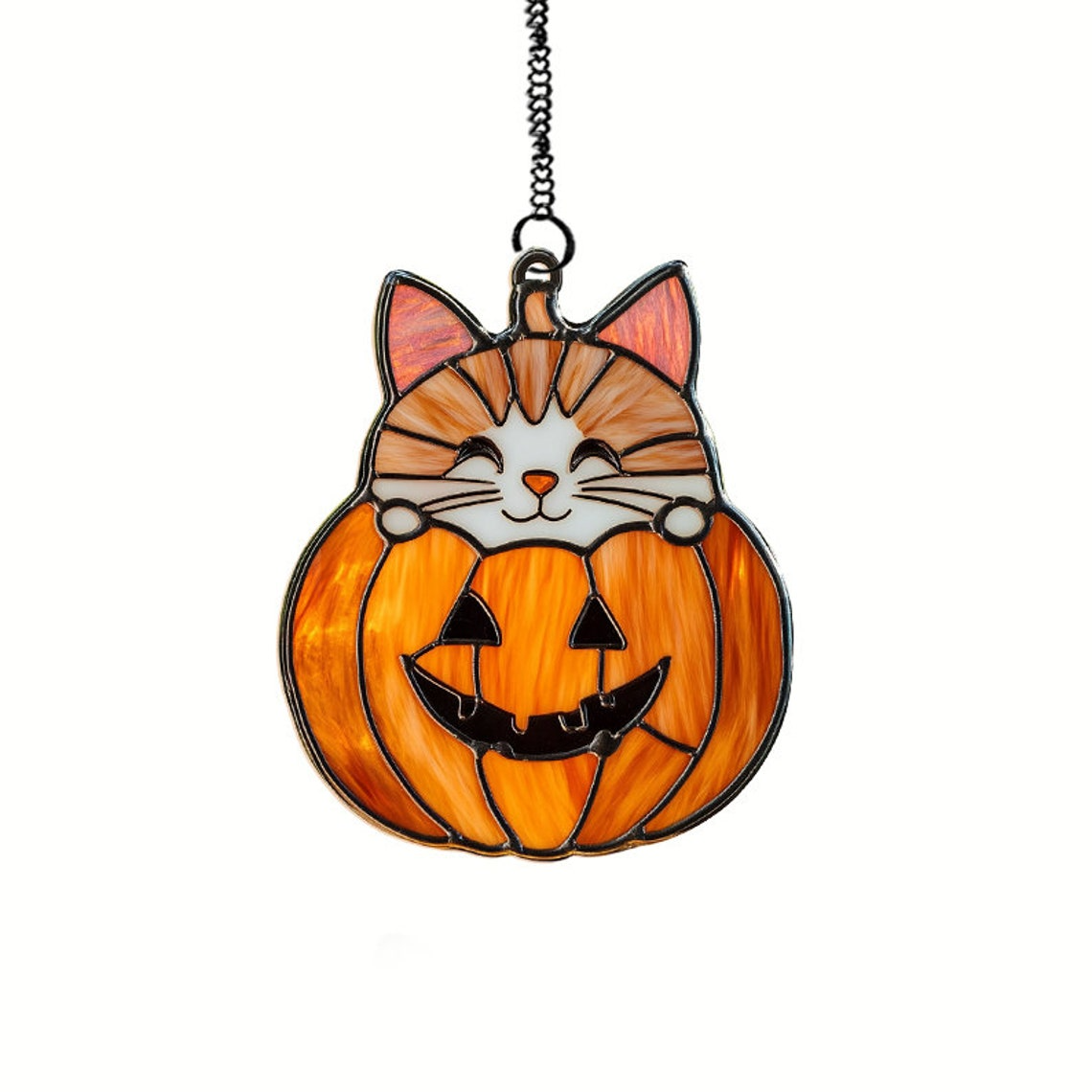 Cute Peekaboo Cat on Pumpkin Halloween Suncatcher, Cat on Pumpkin Hanging Ornament