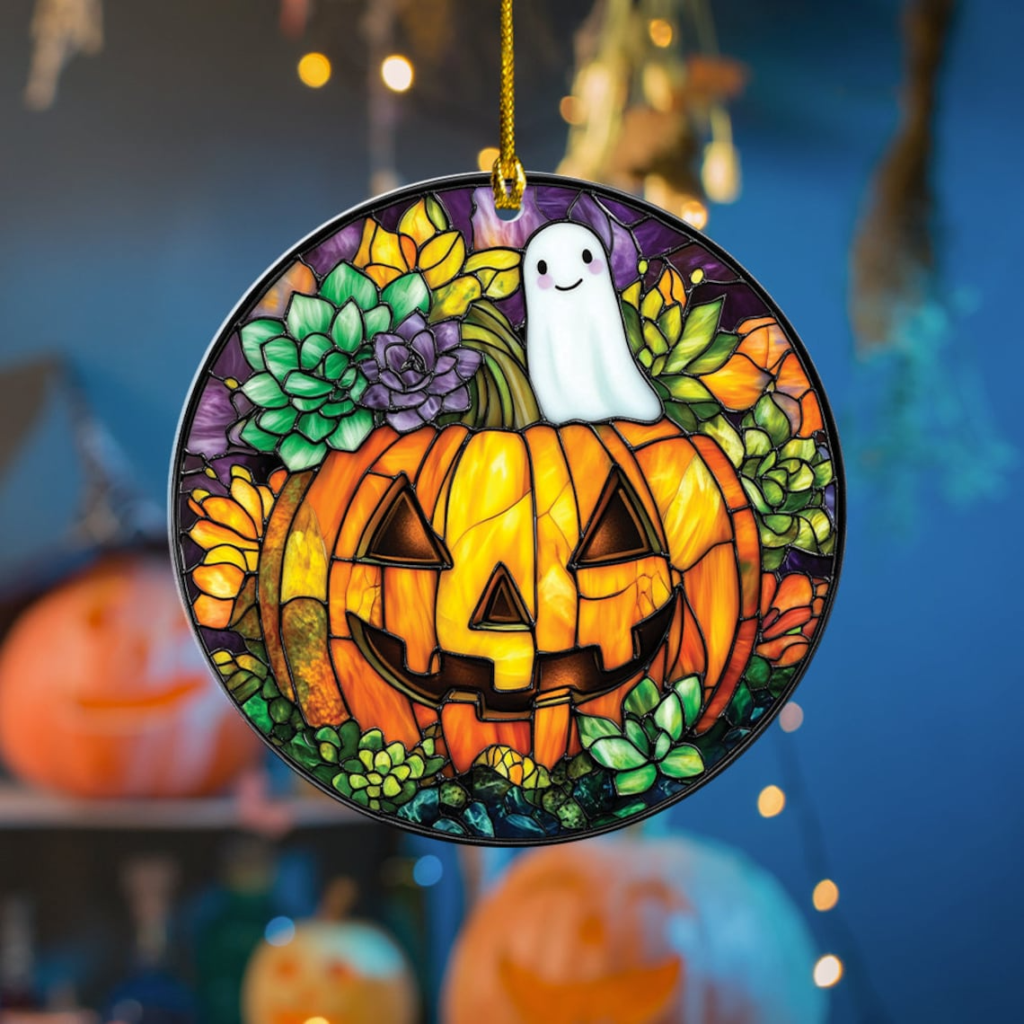 Pumpkin with Succulents Halloween Suncatcher, Cute Ghost Window Hanging Decor