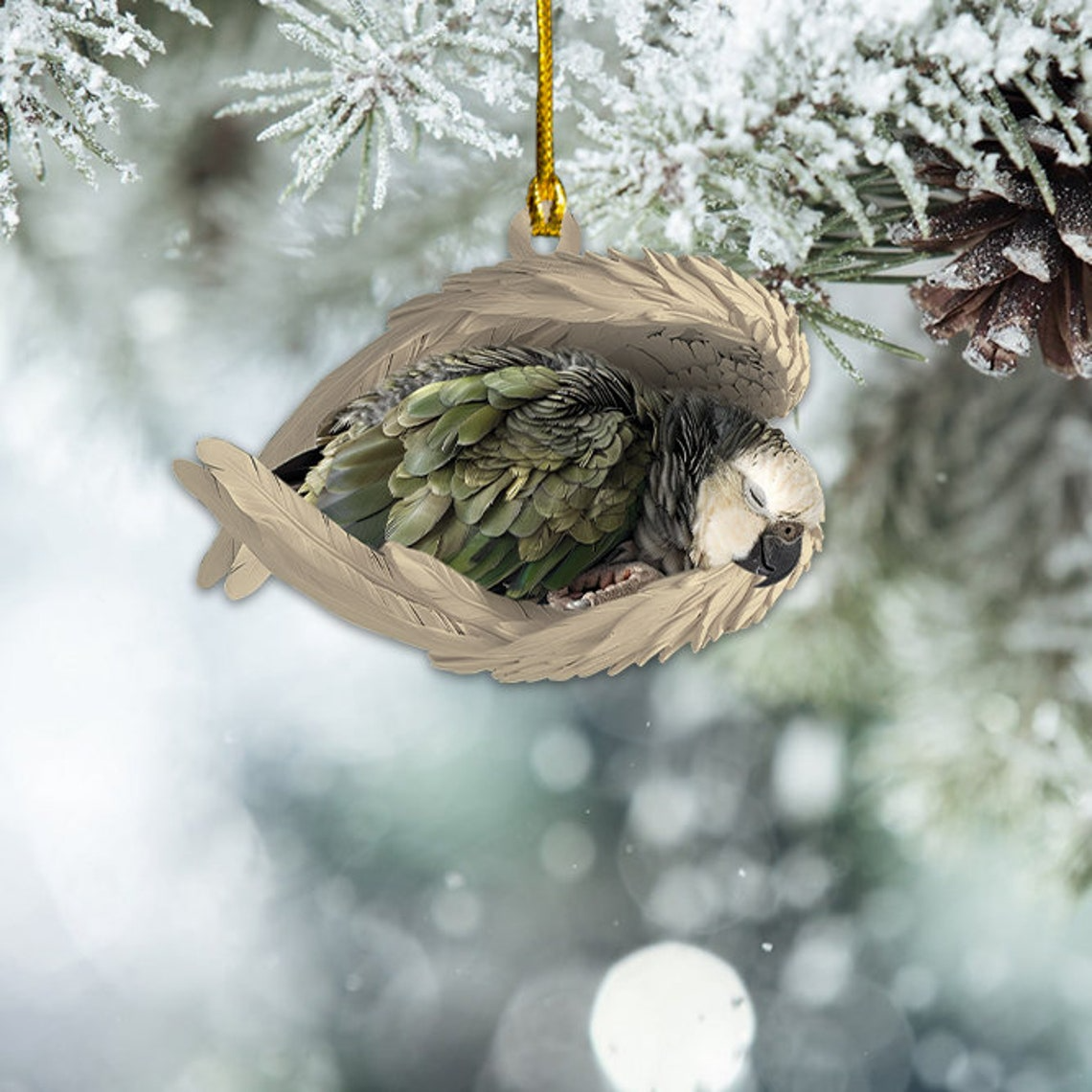 Cute White-Capped Pionus Sleeping Ornament, White-Capped Pionus Angel Wings Christmas Ornament