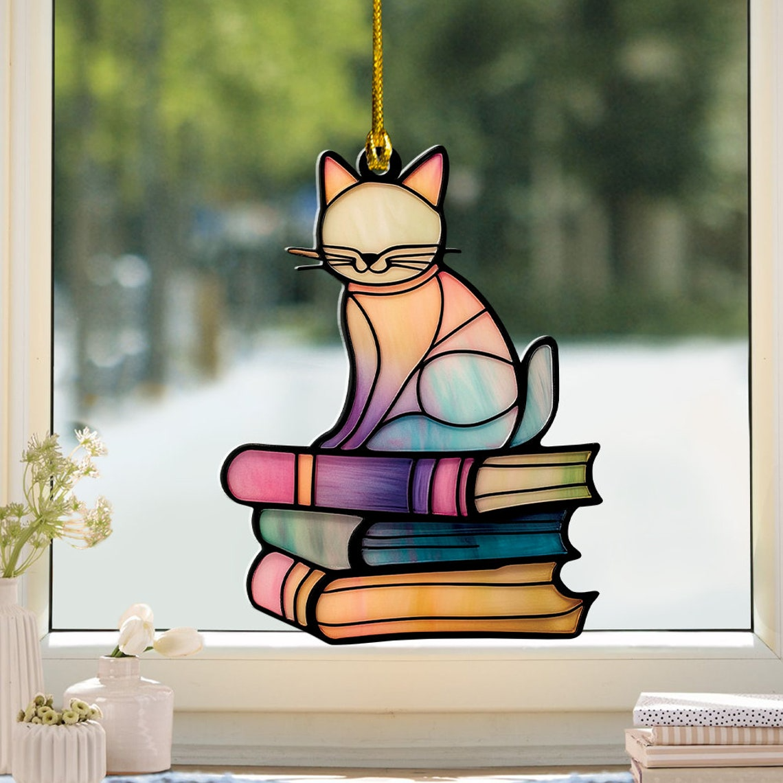 Cat Sitting on Books Suncatcher Ornament, Cat Sitting on Books Hanging Window Decor