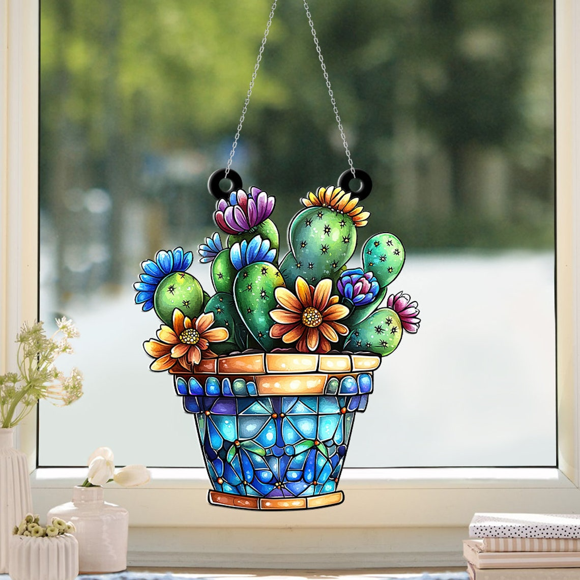 Cactus Pot Suncatcher Ornament, Cactus Sun Light Catcher Home Decor