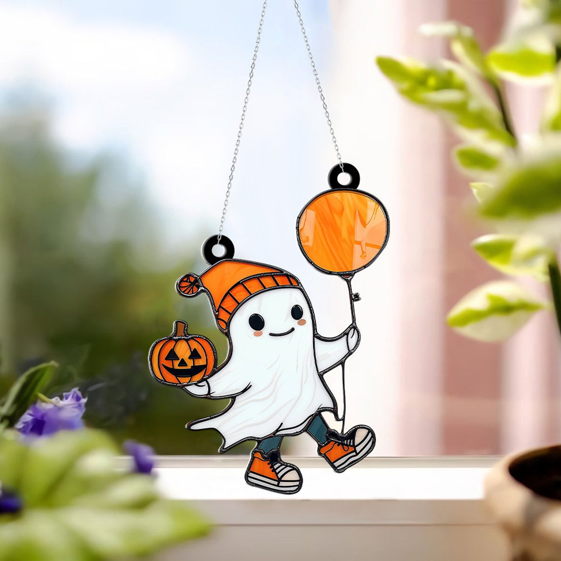 Ghost with Balloons and Pumpkins Halloween Suncatcher, Ghost Hanging Ornament Gift