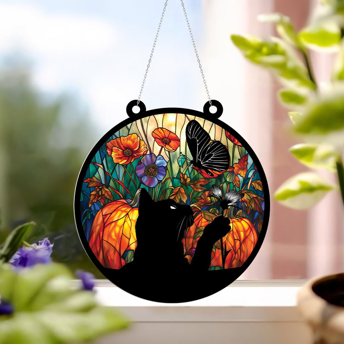 Cat with Butterflies and Pumpkin Suncatcher, Black Cat with Butterflies Window Hanging Decor