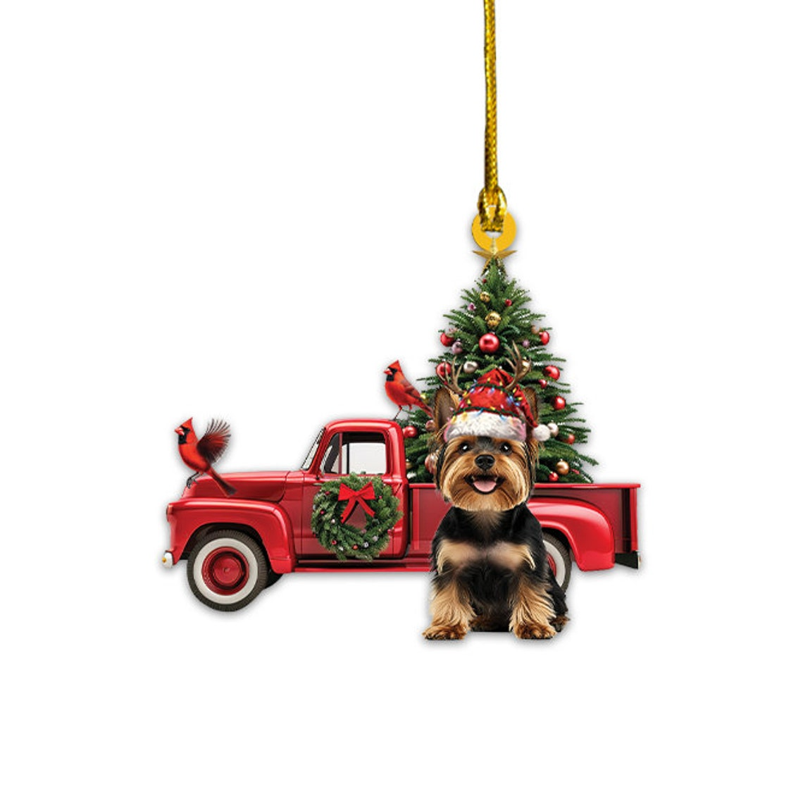 Yorkshire Terrier Dog Red Truck Christmas Ornament, Cute Dog and Red Truck Christmas Ornament Gift