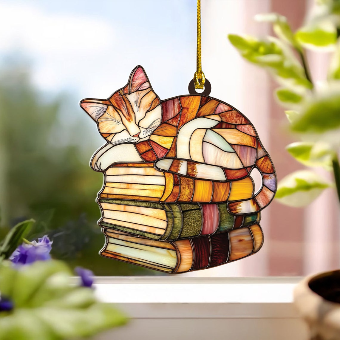 Cat Sleeping on Books Window Hanging Suncatcher, Cute Cat and Books Hanging Decor Gift