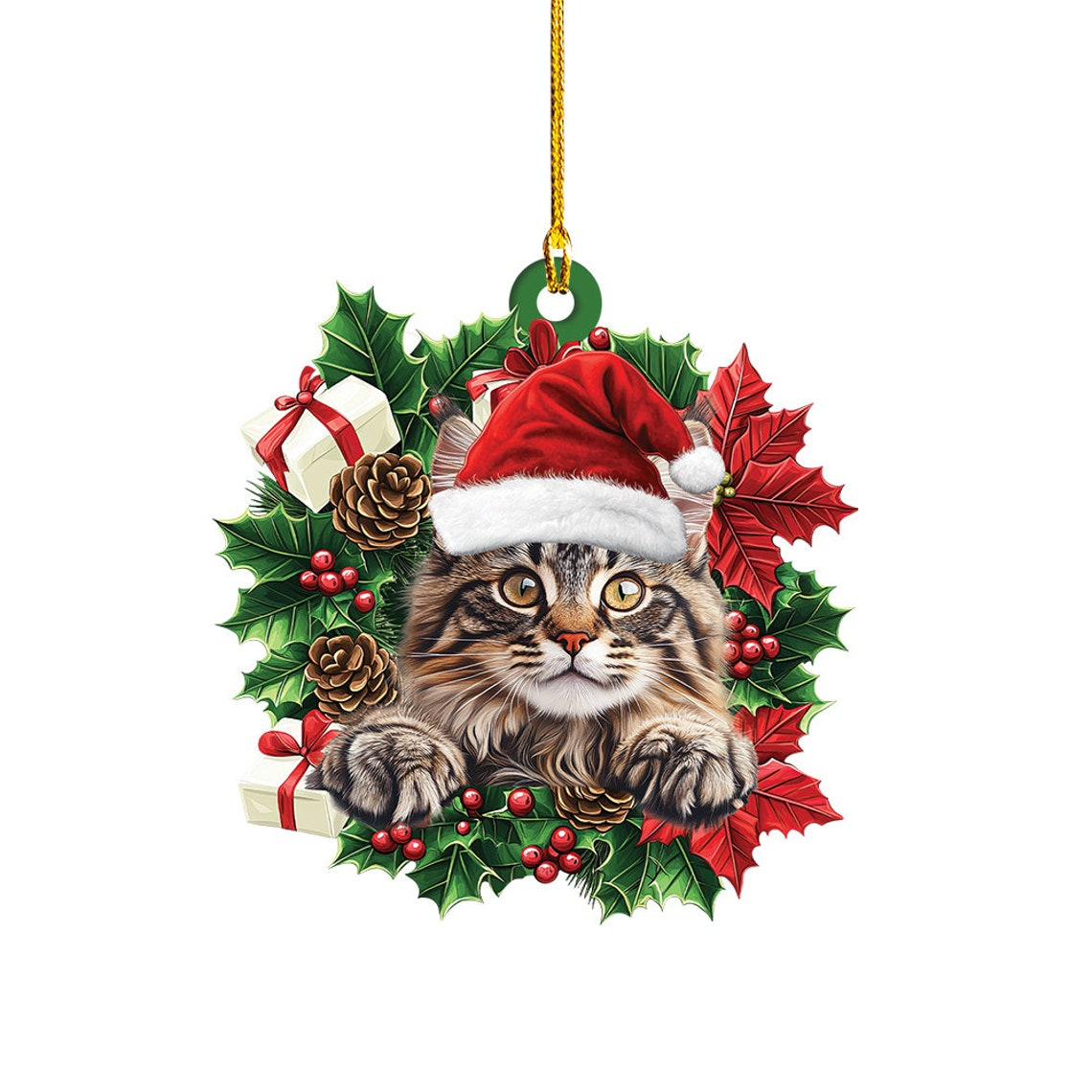 Maine Coon Cat Christmas Wreath Ornament, Maine Coon Cat Christmas Ornament Decor Holiday