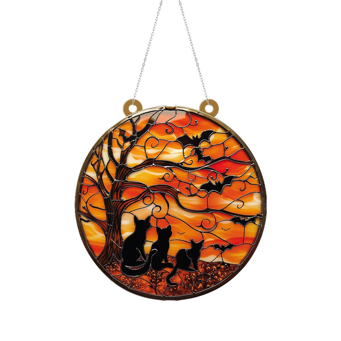 Cats in The Night Halloween Suncatcher Ornament, Halloween Cat Pumpkin Ornament