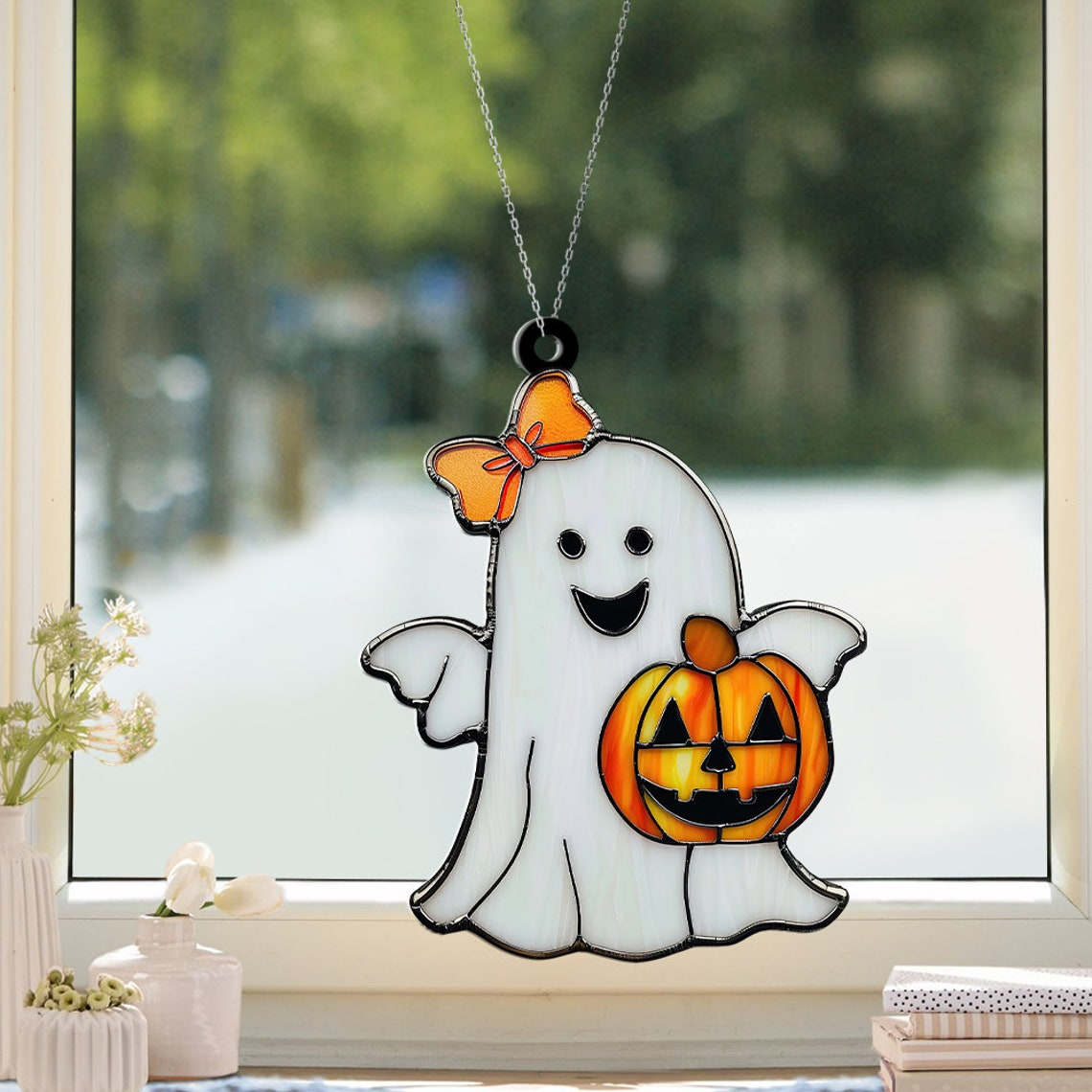 Cute Ghost And Bow Pumpkin Halloween Suncatcher, Cute Ghost Hanging Decor Home