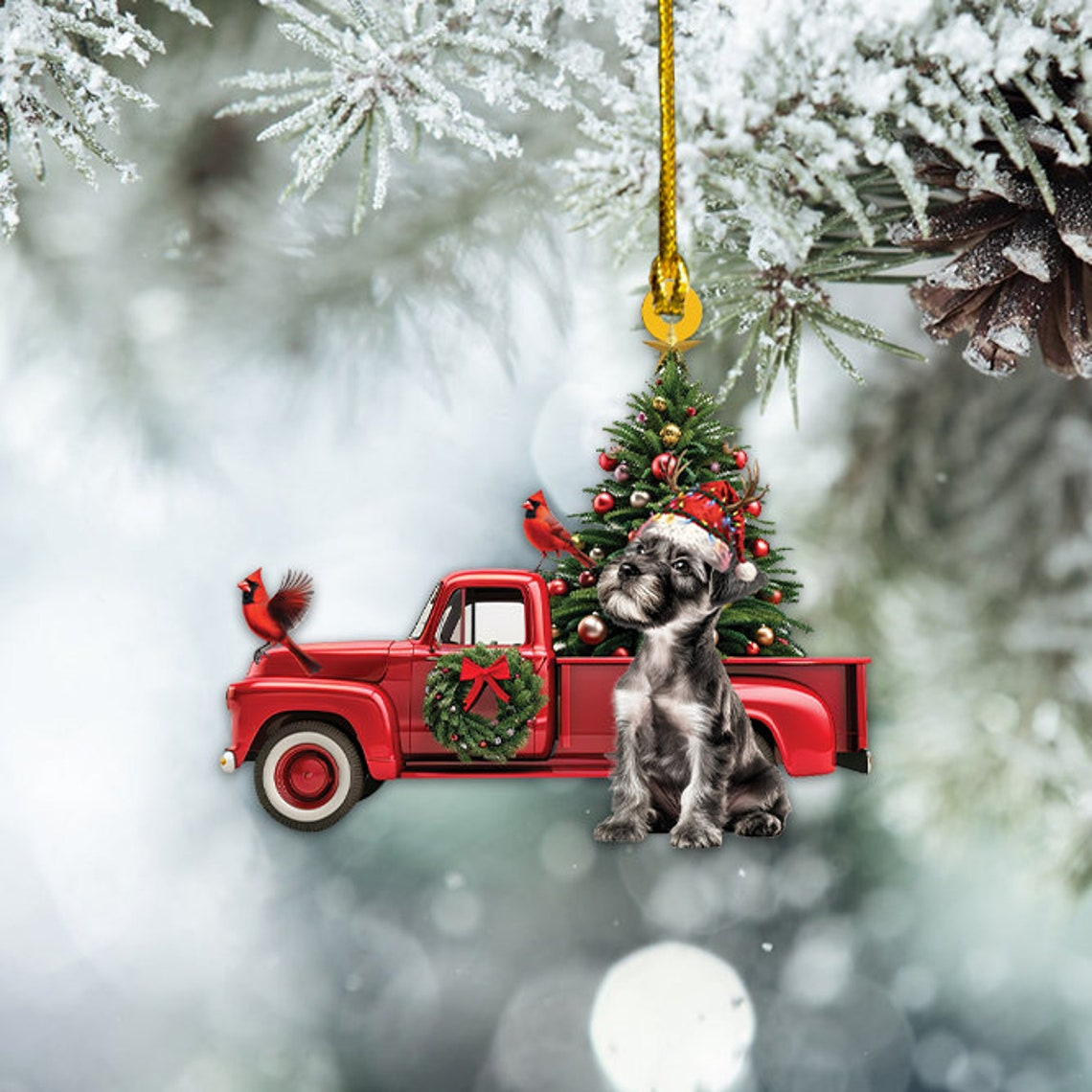 Miniature Schnauzer Dog And Red Truck Ornament, Schnauzer Dog Hanging Christmas Ornament Gift