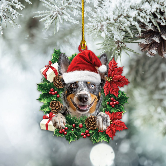 Heeler Dog Christmas Wreath Ornament, Christmas Ornament Heeler Dog Lovers Holiday Gift