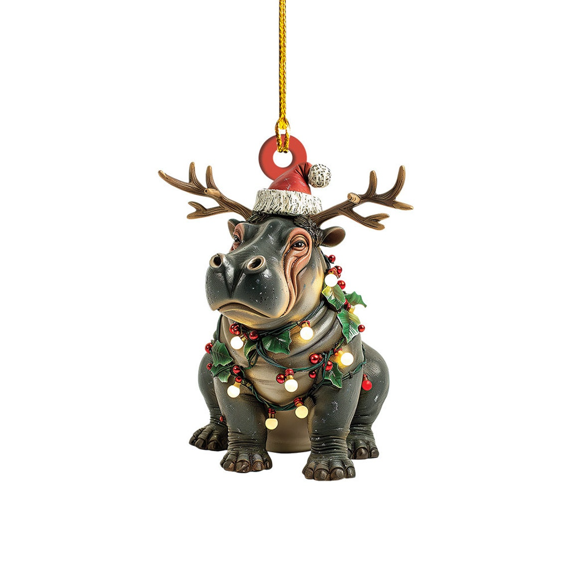 Cute Baby Hippo Moo Deng Hanging Decor Ornament, Christmas Light Hippo Rearview Mirror Car Ornament