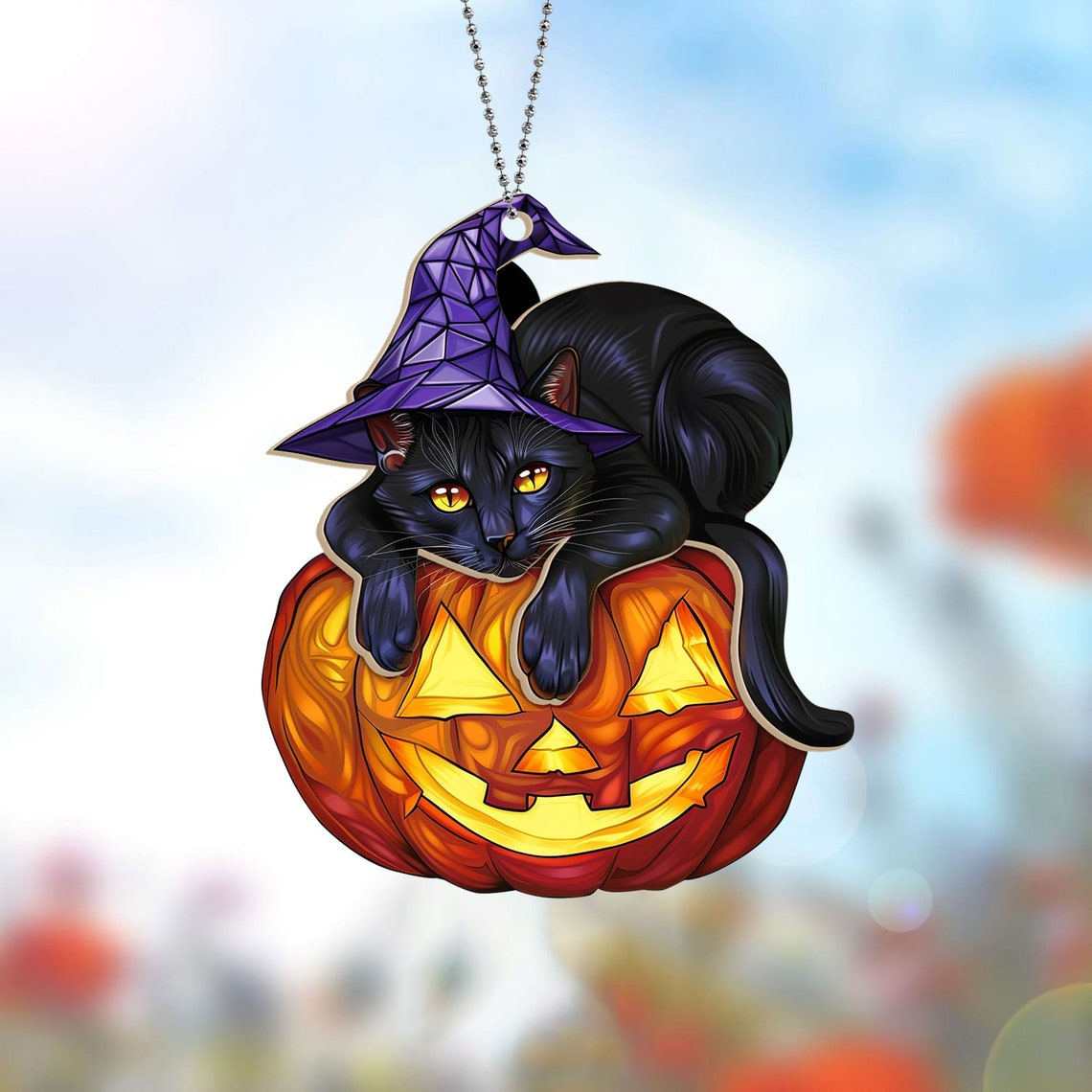 Cat Witchy Lying on the Pumpkin Halloween Hanging Suncatcher, Cat Hanging Ornament Halloween Decor