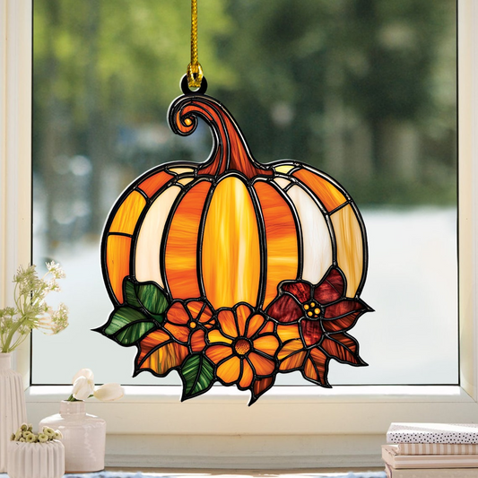 Pumpkin and Flower Suncatcher Ornament, Halloween Pumpkin Floral Decor