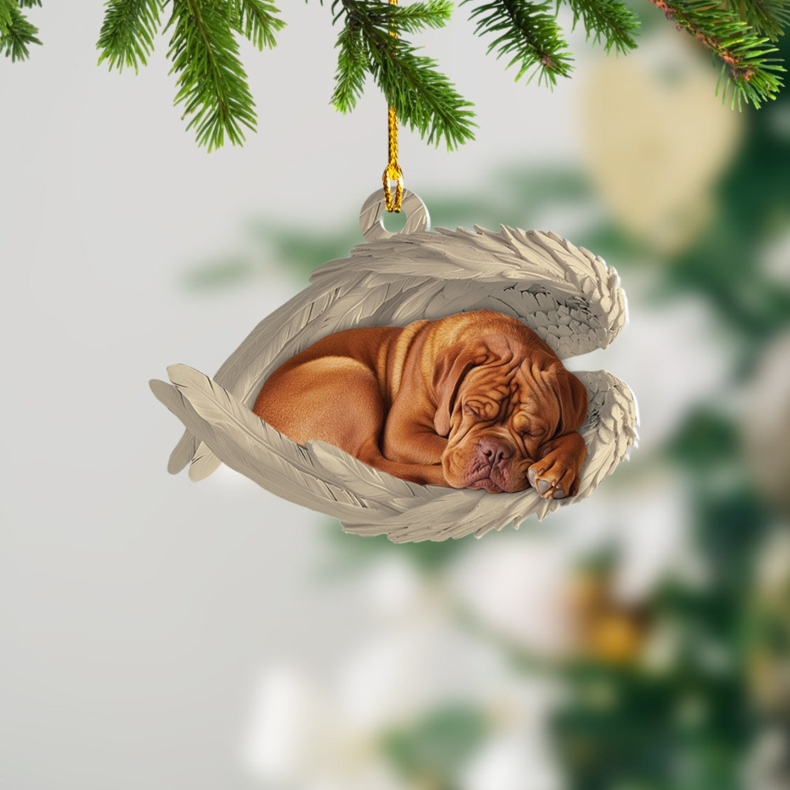 Dogue De Bordeaux Dog Sleeping Angel Wings Christmas Ornament Gift, Cute Dog Car Hanging Ornament Decor