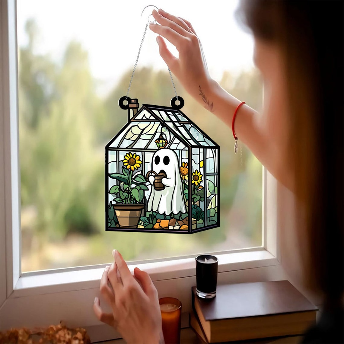 Cute Ghost Hanging Suncatcher Ornament, Ghost Greenhouse Home Decor