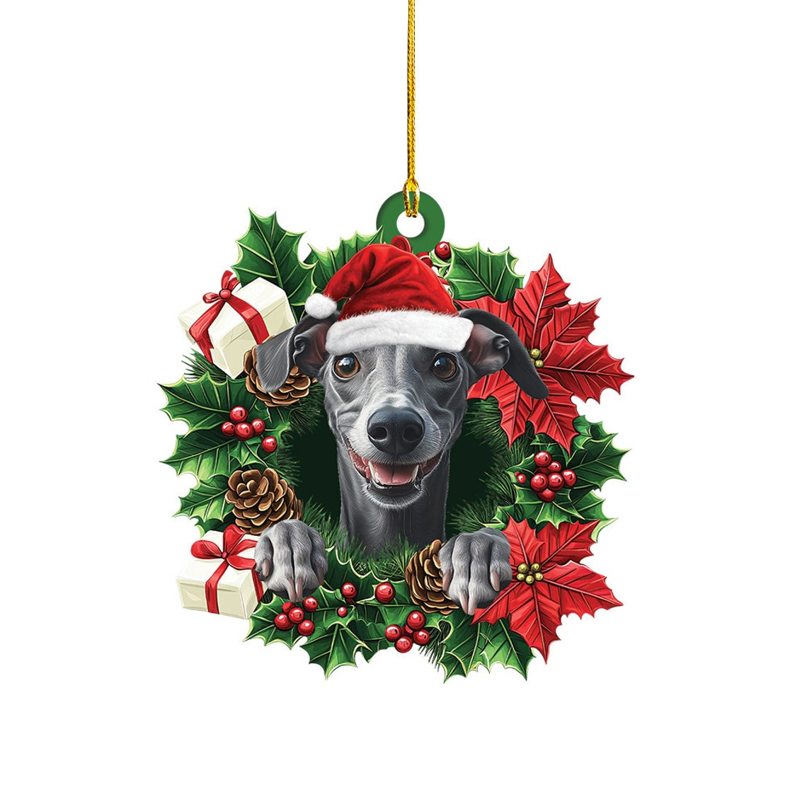 Greyhound Dog Christmas Wreath Ornament, Greyhound Dog Christmas Tree Ornament