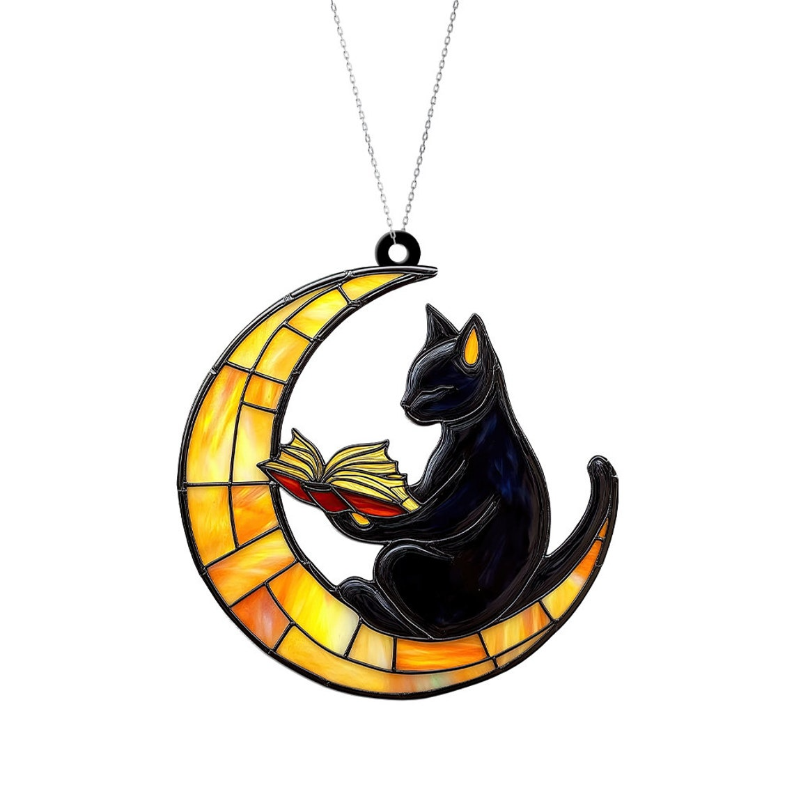 Cat Reading Books on The Moon Suncatcher, Cat on The Moon Hanging Decor