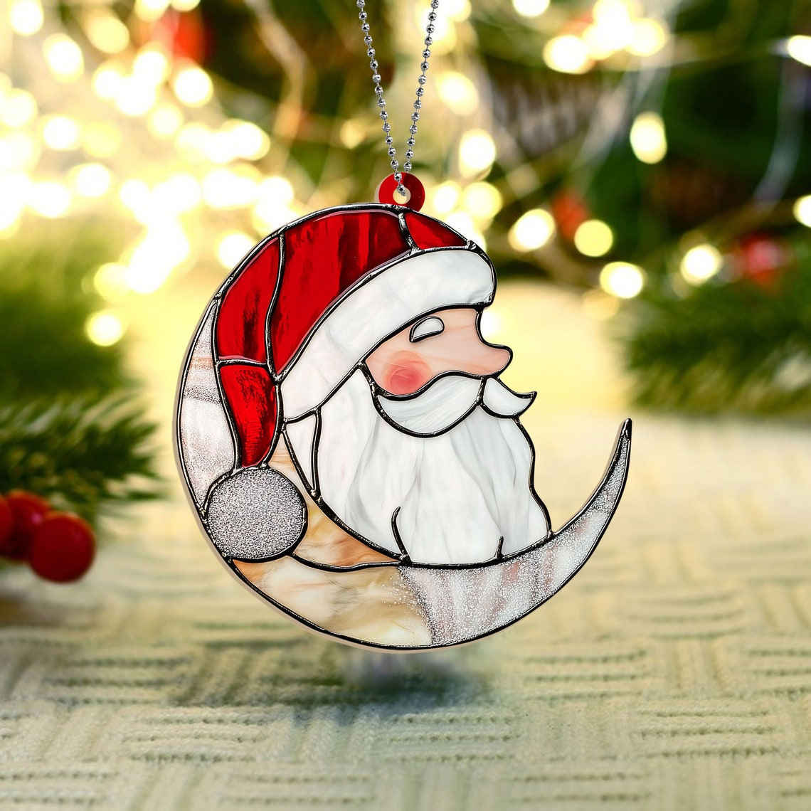 Santa Face on the Moon Suncatcher Ornament, Santa Claus Hanging Christmas Ornament