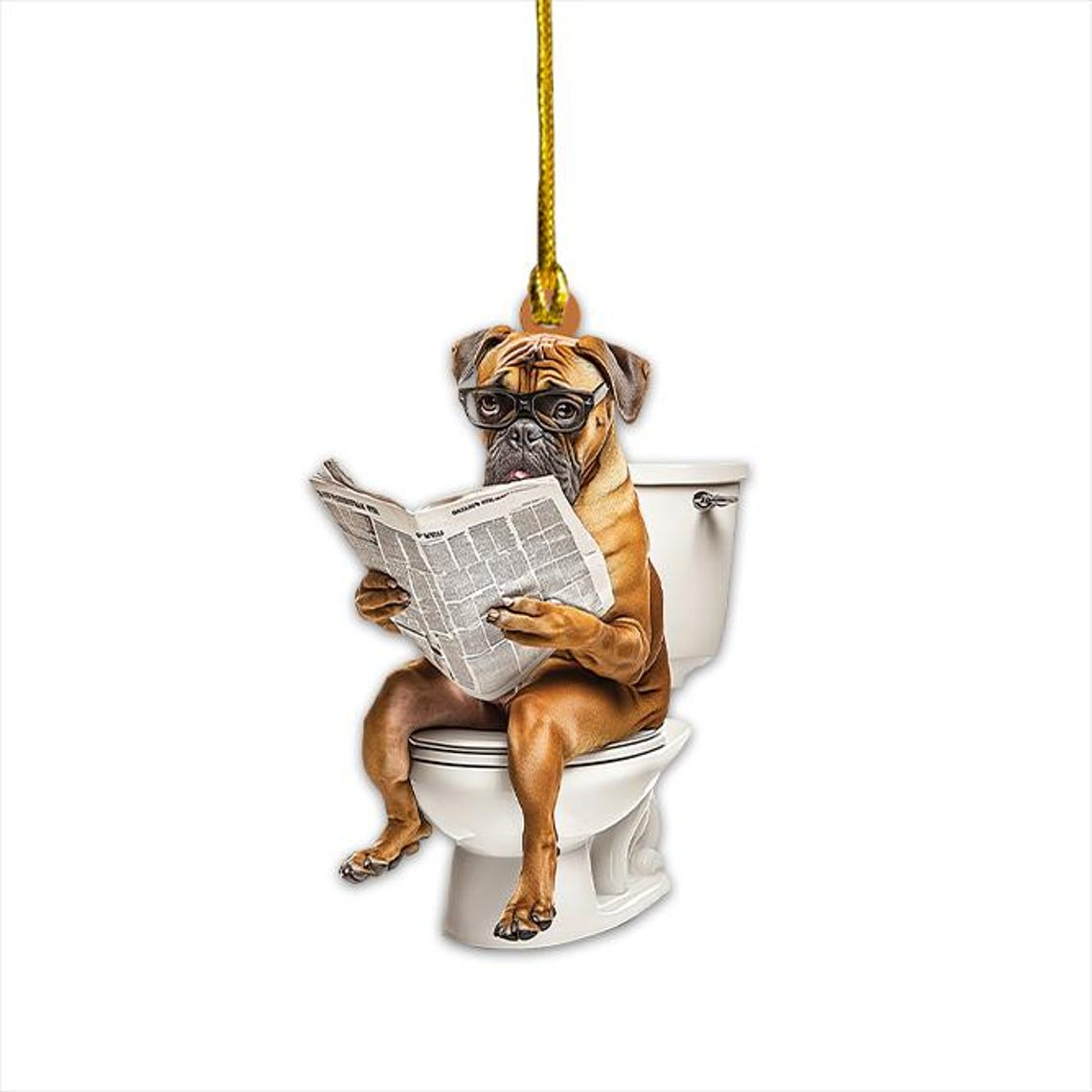 Funny Boxer Dog Sitting On Toilet Ornament, Boxer Dog Reading Newspaper Ornament Decor