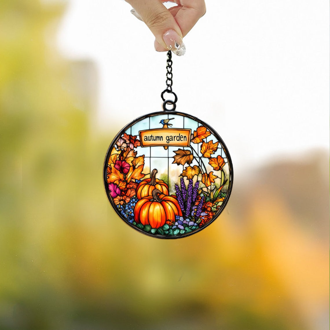 Autumn Pumpkin and Flower Garden Suncatcher, Pumpkin Halloween Ornament