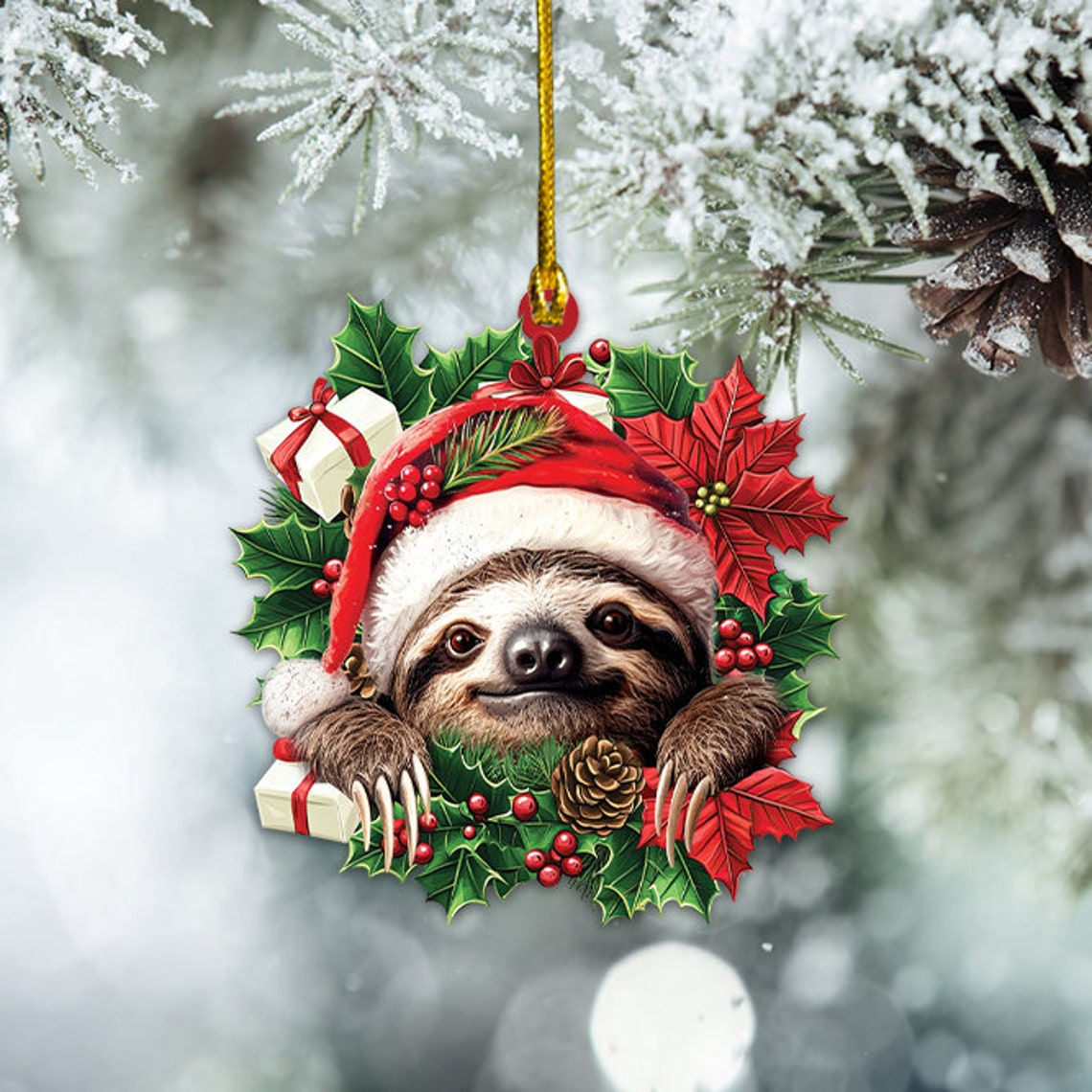 Unique Sloth Hanging Christmas Wreath Ornament, Sloth Christmas Ornament Decor Holiday Gift