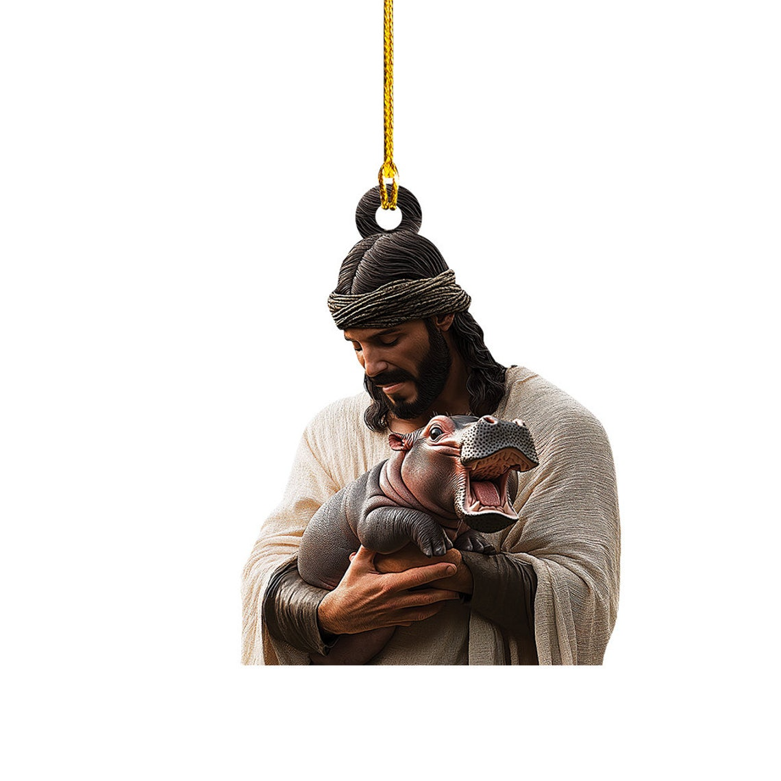 Jesus Hug Moo Deng Flat Ornament Gift, Cute Baby Pygmy Hippo Car Christmas Ornament