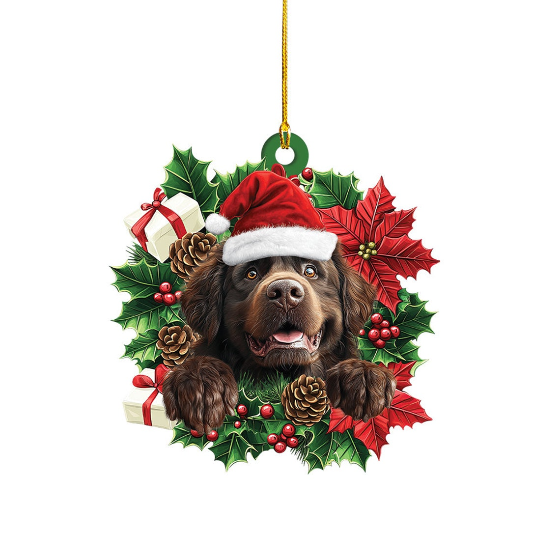 Newfoundland Dog Christmas Wreath Ornament, Newfoundland Dog Christmas Ornament Decor