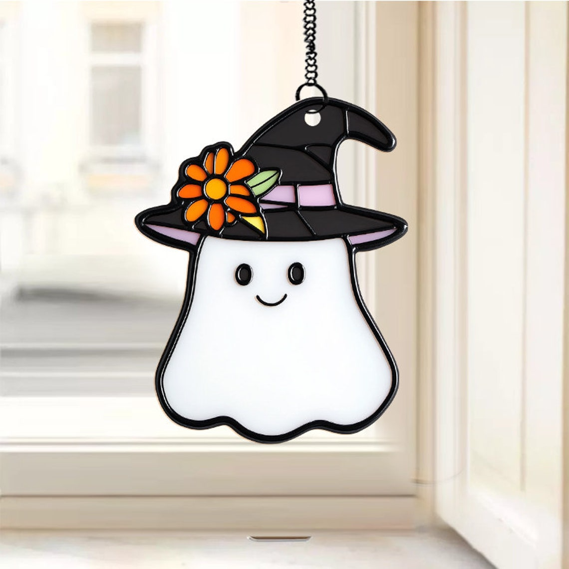 Cute Ghost With Floral Witch Hat Black Suncatcher, Cute Ghost Window Hanging Decor