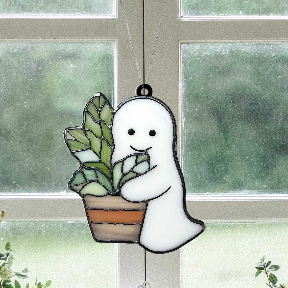 Ghost Plant Window Suncatcher Ornament, Halloween Ghost Planter Ornament