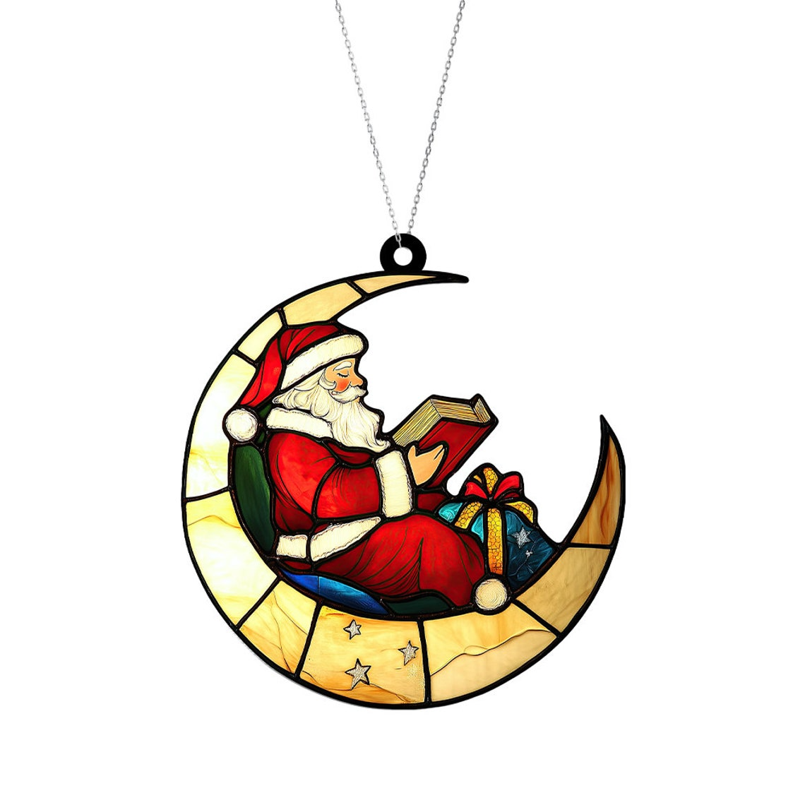 Santa Reading Books On The Moon Suncatcher, Santa Claus Read Book Christmas Ornament