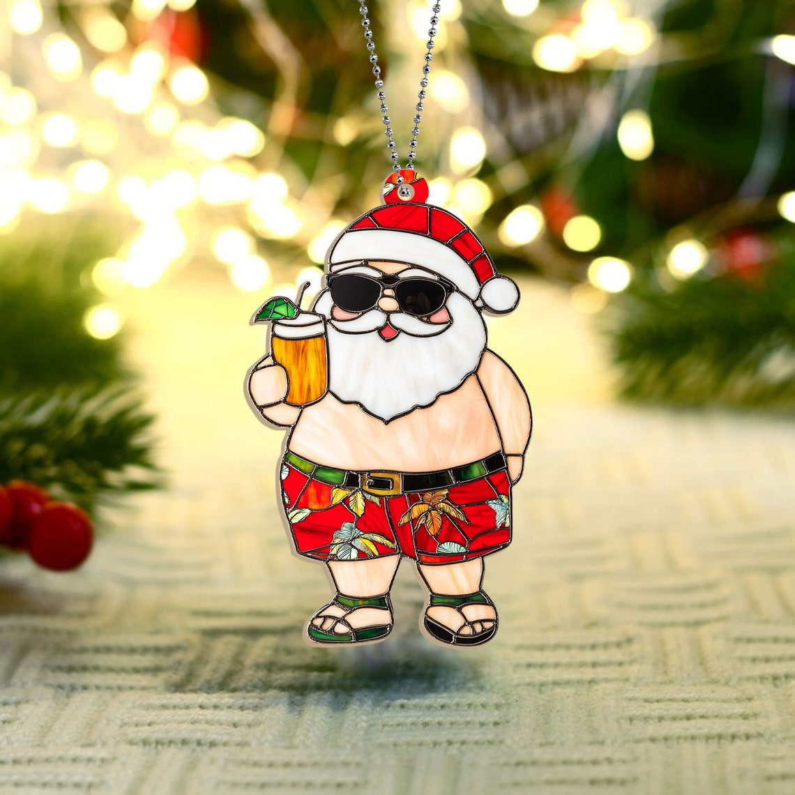 Hawaii Santa Dinking Hanging Christmas Suncatcher, Funny Santa Christmas Ornament Decor (Copy)