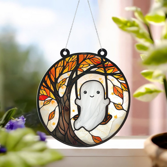 Ghost and Autumn Tree Halloween Suncatcher, Vintage Ghost Hanging Home Decor