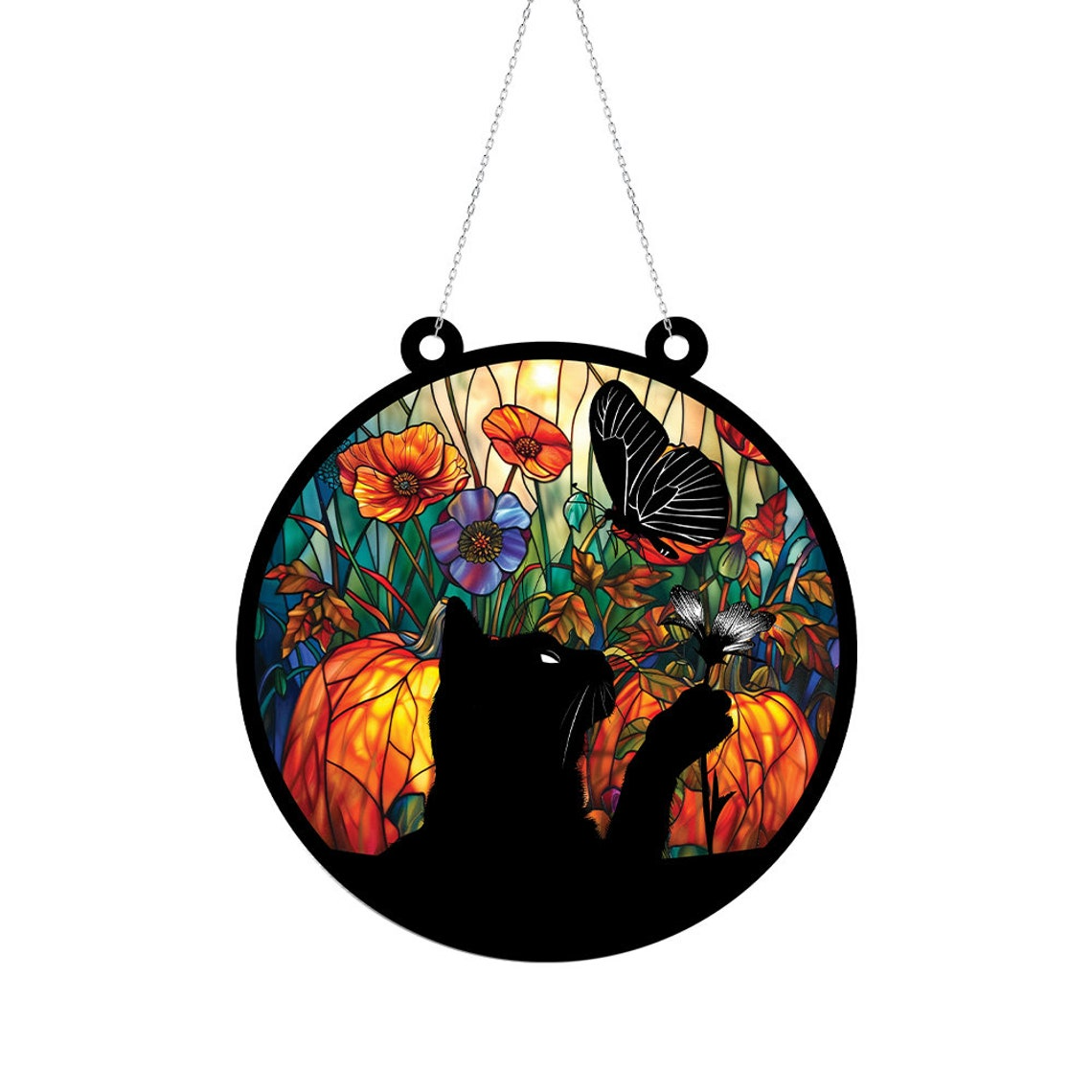 Cat with Butterflies and Pumpkin Suncatcher, Black Cat with Butterflies Window Hanging Decor