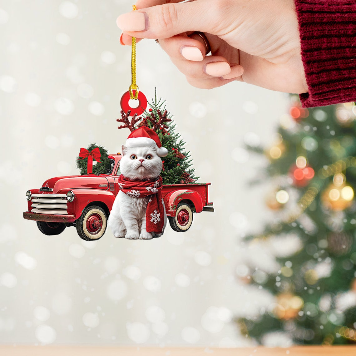 Selkirk Rex Cat and Red Truck Christmas Ornament, Christmas Cat Car Hanging Ornament Decor Gift