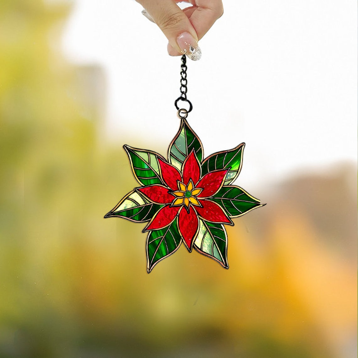 Poinsettia Suncatcher Ornament, Poinsettia Christmas Window Suncatcher