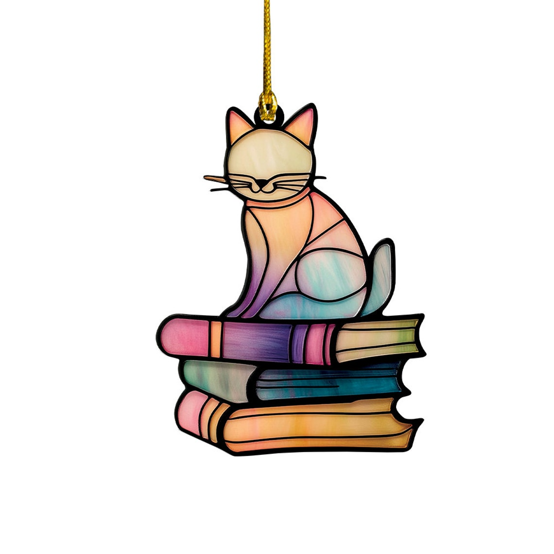 Cat Sitting on Books Suncatcher Ornament, Cat Sitting on Books Hanging Window Decor