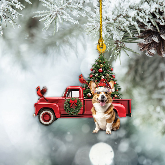 Pembroke Welsh Corgi Dog Red Truck Ornament, Cute Corgi Dog Hanging Christmas Ornament Gift