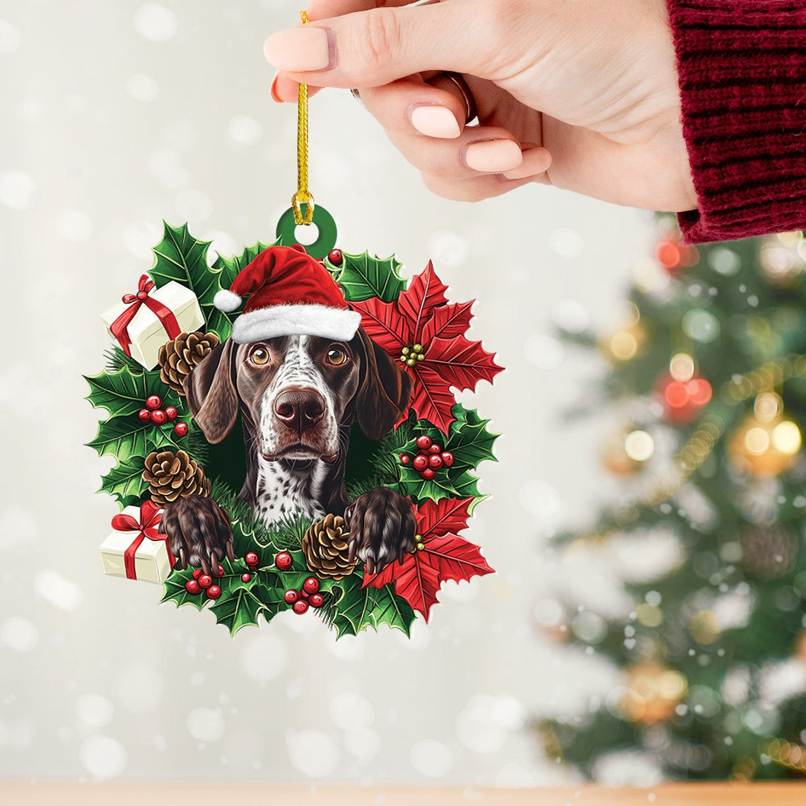 German Shorthaired Pointer Dog Christmas Wreath Ornament, Cute Dog Christmas Tree Ornament Gift