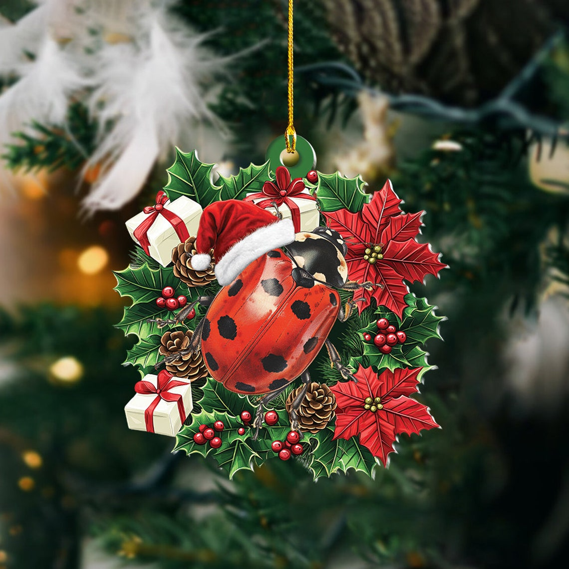 Ladybug Hanging Christmas Wreath Ornament, Ornament Christmas Ladybug Lover Holiday Gift